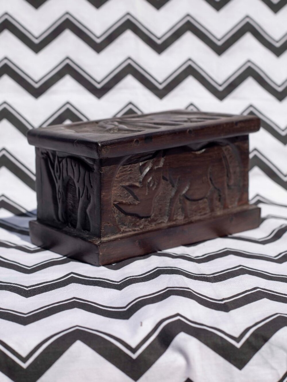 Hand Carved Wooden Box | Zebra Elephant Rhino | African Safari Decor Accent